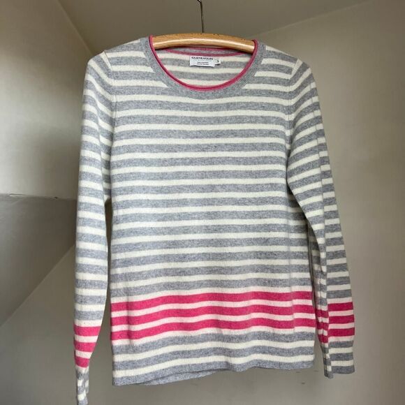 Gleneagles Of Scotland 100% Cashmere Sweater Striped Pullover Grey Pink Crewneck - Picture 1 of 5